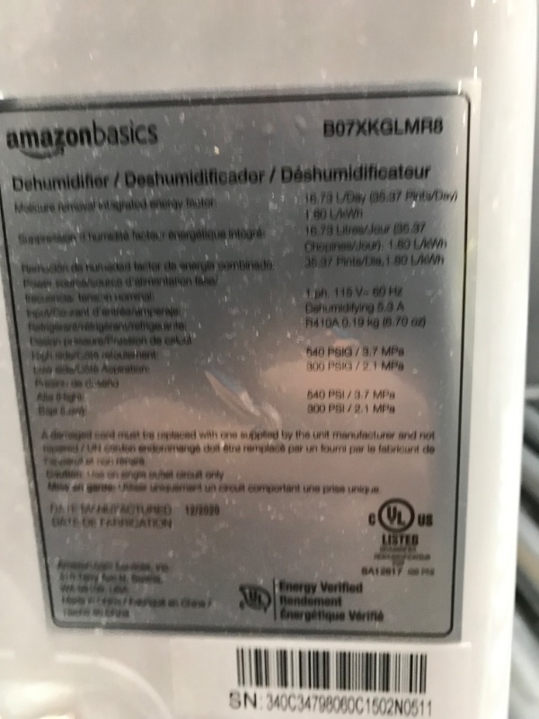 Photo 4 of Amazon Basics Dehumidifier - For Areas Up to 2,500 Square Feet, 35-Pint, Energy Star Certified 35 Pint Standard Dehumidifier