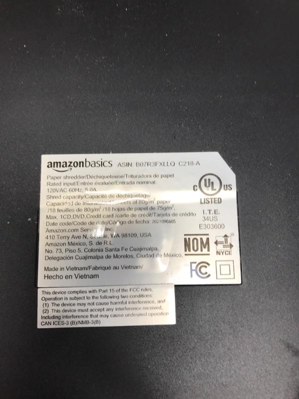 Photo 4 of ***TESTED POWERS ON DOES NOT SHRED*** Amazon Basics 18-Sheet Cross-Cut Paper, CD, and Credit Card Shredder, Black 18 Sheet Shredder