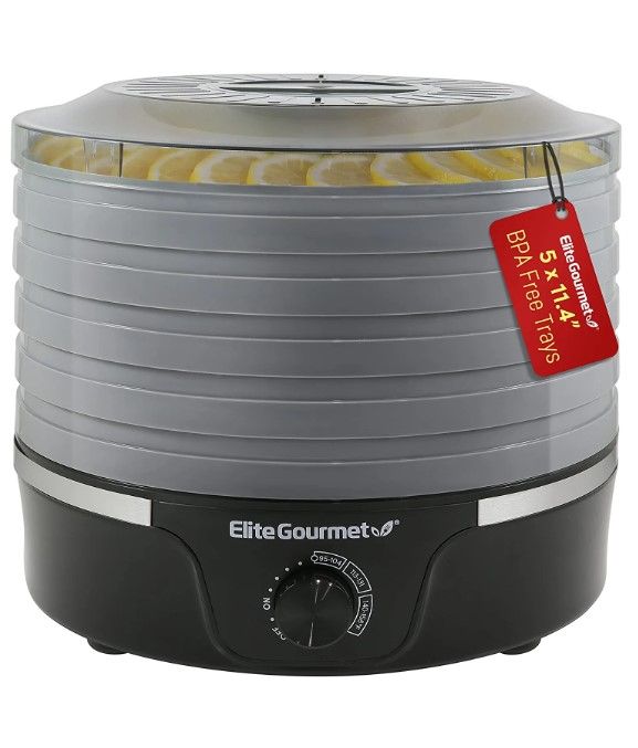 Photo 1 of Elite Gourmet EFD319DKG Food Dehydrator, 5 BPA-Free 11.4" Trays Adjustable Temperature Controls, Jerky, Herbs, Fruit, Veggies, Dried Snacks, Black and Grey
