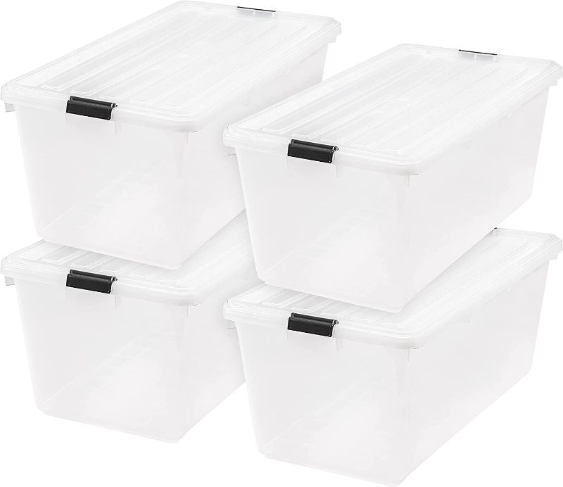 Photo 1 of 3 ARE DAMAGED**IRIS USA 91 Quart Large Storage Bin Utility Tote Organizing Container Box with Buckle Down Lid for Clothes Storage Clear Set of 4
