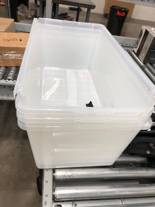 Photo 1 of 3 ARE DAMAGED**IRIS USA 91 Quart Large Storage Bin Utility Tote Organizing Container Box with Buckle Down Lid for Clothes Storage Clear Set of 4
