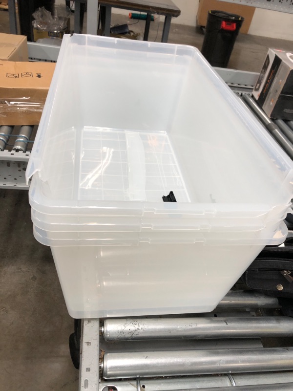 Photo 2 of 3 ARE DAMAGED**IRIS USA 91 Quart Large Storage Bin Utility Tote Organizing Container Box with Buckle Down Lid for Clothes Storage Clear Set of 4
