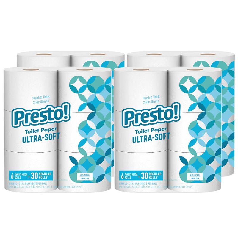 Photo 1 of Amazon Brand - Presto! 313-Sheet Mega Roll Toilet Paper, Ultra-Soft, 6 Count (Pack of 4), 24 Family Mega Rolls = 120 regular rolls Ultra Soft 6 Count (Pack of 4)