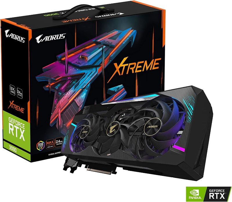 Photo 1 of Gigabyte AORUS GeForce RTX 3090 Xtreme 24G Graphics Card, Max Covered Cooling, 24GB 384-bit GDDR6X, GV-N3090AORUS X-24GD Video Card
