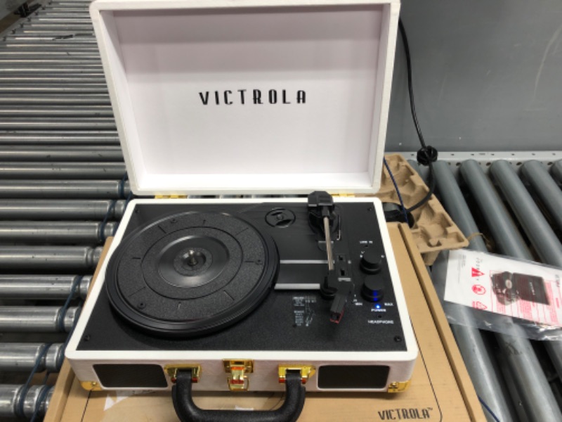 Photo 1 of Victrola Vintage 3-Speed Bluetooth Portable Suitcase Record Player with Built-in Speakers | Upgraded Turntable Audio Sound| White (VSC-550BT-WH) White Record Player