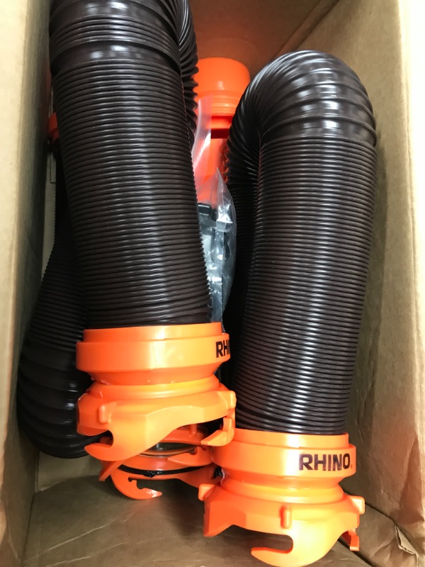 Photo 2 of Camco 20' (39742) RhinoFLEX 20-Foot RV Sewer Hose Kit, Swivel Transparent Elbow with 4-in-1 Dump Station Fitting-Storage Caps Included , Black , Brown 20ft Sewer Hose Kit Frustration-Free Packaging