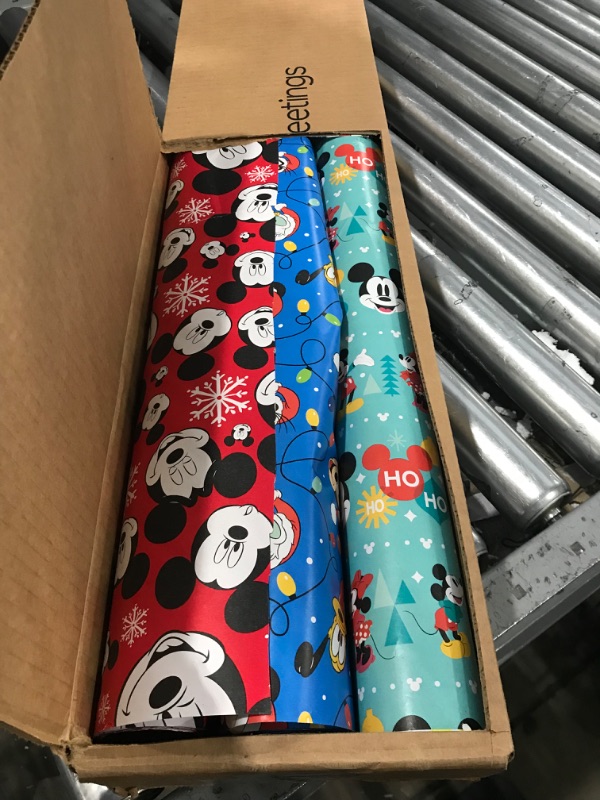 Photo 2 of American Greetings Disney Christmas Wrapping Paper with Cut Lines Bundle, Mickey Mouse (3 Rolls, 105 sq. ft.)