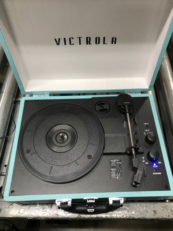 Photo 2 of Victrola Vintage 3-Speed Bluetooth Portable Suitcase Record Player with Built-in Speakers | Upgraded Turntable Audio Sound| Includes Extra Stylus | Turquoise, Model Number: VSC-550BT