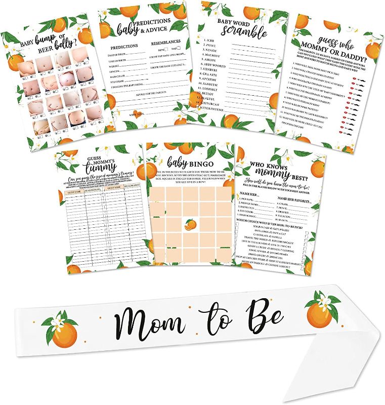 Photo 1 of 301pcs Little Cutie Baby Shower Games Set Pack of 7 Activities for 50 Guests Includes Orange Mom to Be Sash, Baby Bingo, Baby Predictions, Baby Word Scramble and More, Each 5x7 Inches
