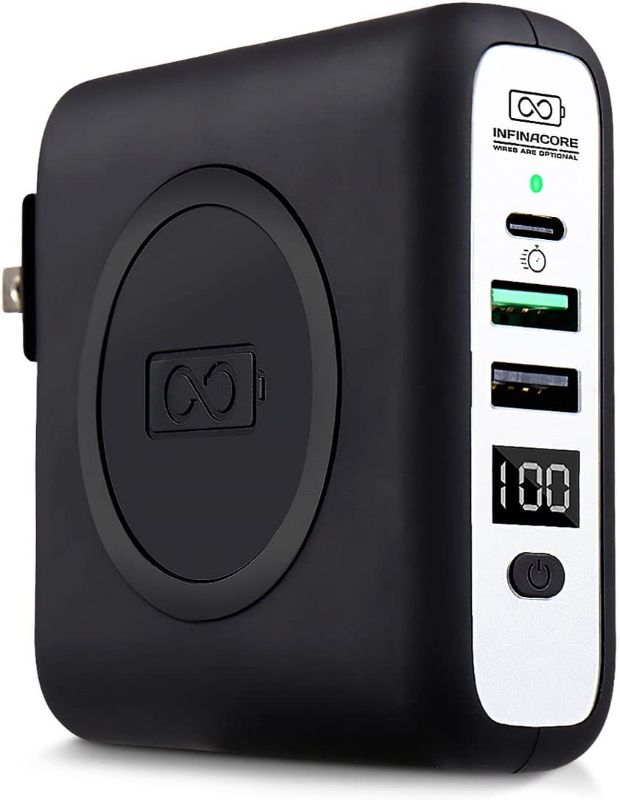 Photo 1 of InfinaCore Pandora Portable Power Bank Charger (P3) Global Wireless Charger usb type c wall charger, usb c battery pack power delivery, Fast Charge Phone Laptop Charger Travel with LED Display (Black)

