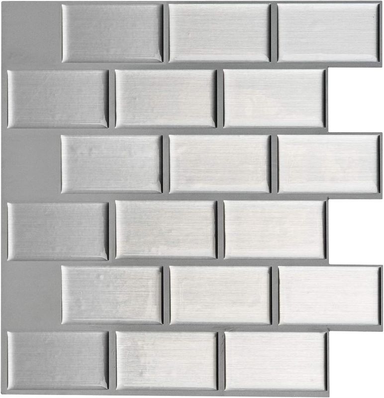 Photo 1 of Art3d 12" x 12" Peel and Stick Wall Tile for Kitchen Backsplash, Subway Silver (10)
