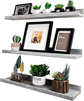 Photo 1 of Annecy Floating Shelves Wall Mounted Set of 3, 24 Inch Grey Solid Ledge Shelves for Wall, Wall Storage Shelves with Guardrail Design for Bedroom, Bathroom, Kitchen, Office, 3 Different Sizes
