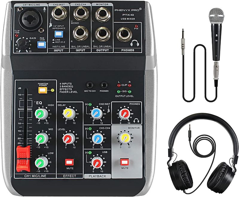 Photo 1 of Phenyx Pro USB Audio Interface Audio Mixer Bundle, 4-Input, 3-Band EQ, Echo Effects, w/Dynamic Mic + Stereo Headphone + XLR Cable, for Live Streaming, Recording (PTX-10B)
