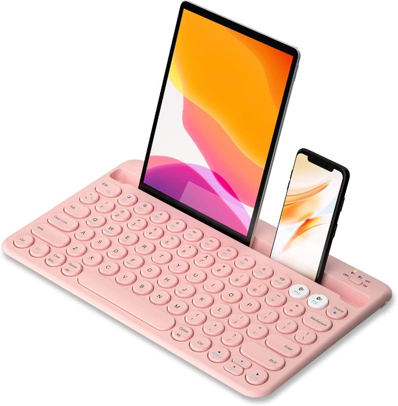 Photo 1 of Multi-Device Bluetooth Keyboard, Samsers Rechargeable Wireless Bluetooth 5.1 Keyboard with Integrated Stand, Support 2 Devices for Smartphone Tablet iPad Laptop MacBook PC iOS Android Windows - Pink
