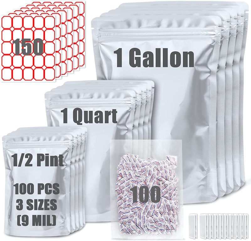 Photo 1 of 100 Pack Mylar Bags for Food Storage with 100x300cc Oxygen Absorbers - 9 Mil 10"x14" 6"x9" 4.3"x6.3" - Resealable Bags for Packaging Products & Ziplock Food Grade Bags for Storage
