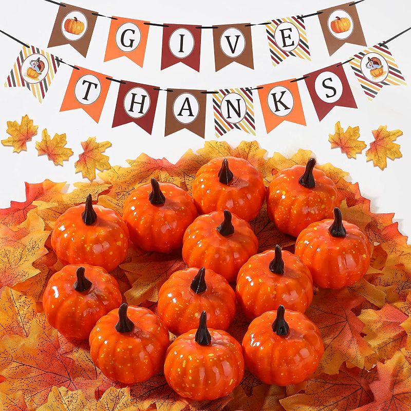 Photo 1 of 12 Pieces Small Artificial Lifelike Pumpkin Fall Harvest Mini Pumpkins, 200 Pieces Artificial Autumn Maple Leaves Mixed Fall Colored Leaf, Thanksgiving Banner for Fall Harvest Thanksgiving Decorations 