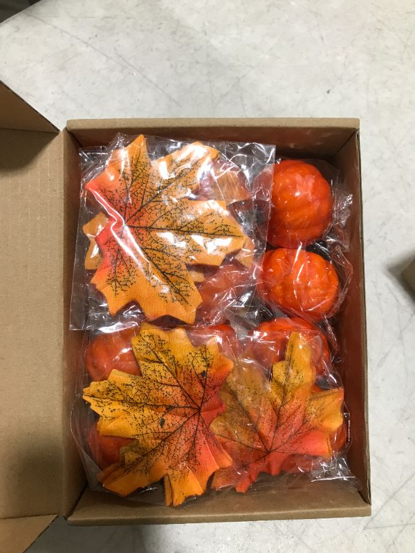 Photo 2 of 12 Pieces Small Artificial Lifelike Pumpkin Fall Harvest Mini Pumpkins, 200 Pieces Artificial Autumn Maple Leaves Mixed Fall Colored Leaf, Thanksgiving Banner for Fall Harvest Thanksgiving Decorations 