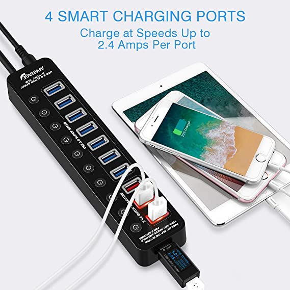 Photo 1 of Apanage Powered USB 3.0 Hub, 11 Ports USB Hub Splitter (7 High Speed Data Transfer Ports + 4 Smart Charging Ports) with Individual On/Off Switches and 48W Power Adapter for Mac Pro/mini, PC, HDD, Disk