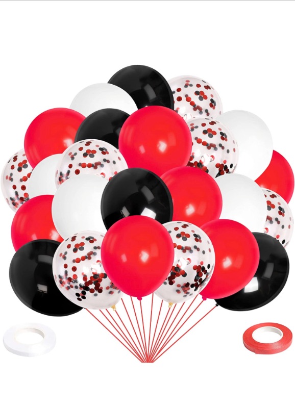 Photo 1 of 100pcs 12Inch Black Red Confetti Balloons, Black Red White and Confetti Latex Party Balloons for Birthday Wedding Baby Shower Graduation Quinceanera Halloween Christmas Retirement Party Decorations