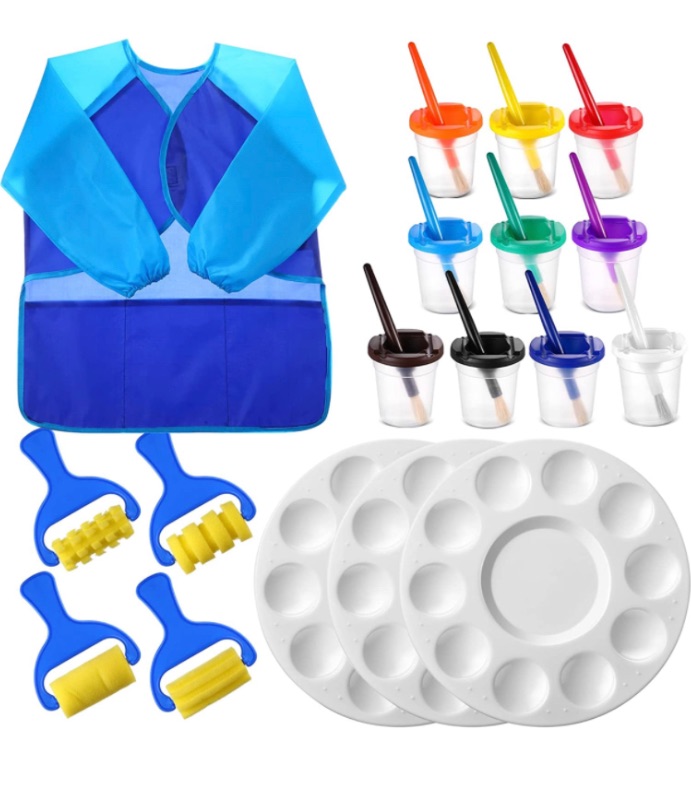 Photo 1 of 18 Pcs Toddler Art Painting Supplies and Accessories Kit, Toddler Art Smock, 10 No Spill Paint Cups with Lids and Paint Brushes, 3 Palettes and 4 Washable Sponge Painting Brushes, Toddler Painting Kit size M