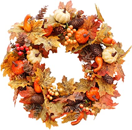 Photo 1 of 20 Inch Fall Wreath Front Door Thanksgiving Wreath Autumn Harvest Wreath Artificial Farmhouse Wreaths Indoor Outdoor Halloween Decoration with Pumpkins Berry Maple Leaf Pine Cone for Home Decor
