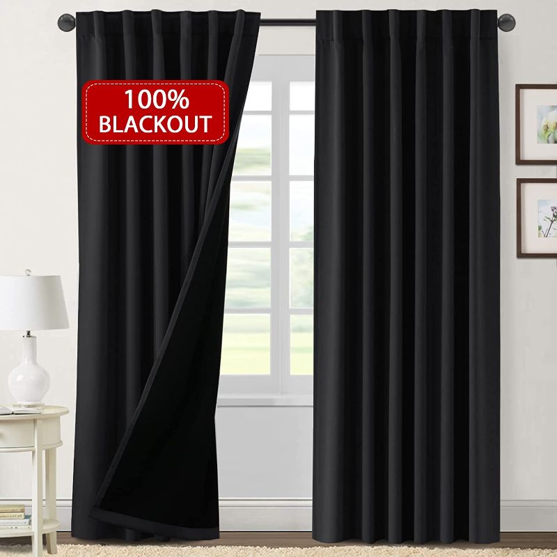Photo 1 of 100% Blackout Curtains Thermal Insulated Window Curtains 84 inch Length Rod Pocket and Back Tab Curtain Panels for Bedroom Full Light Blocking Drapes with Black Liner, Jet Black 