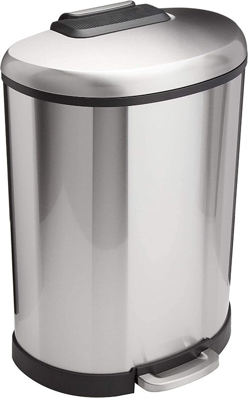 Photo 1 of Amazon Basics 50 Liter / 13.2 Gallon Soft-Close Trash Can with Foot Pedal - D-Shaped, Stainless Steel
