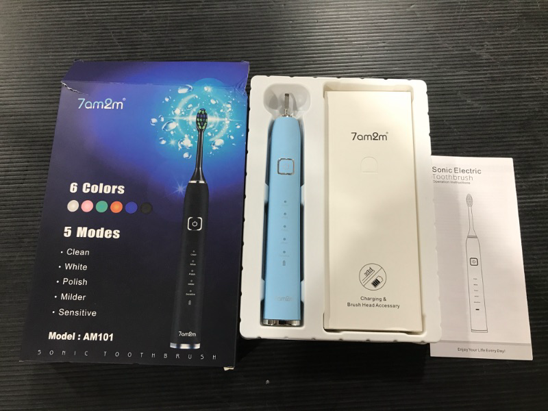 Photo 1 of 7am2m Sonic Electric Toothbrush with 6 Brush Heads for Adults and Kids, One Charge for 90 Days, Wireless Fast Charge, 5 Modes with 2 Minutes Build in Smart Timer, Electric Toothbrushes (LIGHT BLUE)