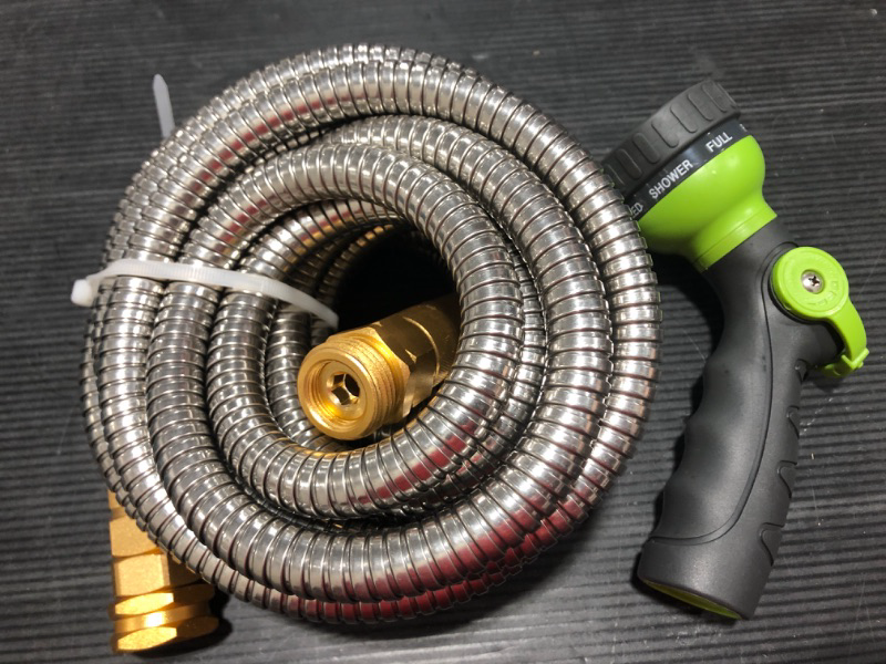 Photo 2 of 360Gadget Metal Garden Hose - 25ft Heavy Duty Stainless Steel Water Hose with 8 Function Sprayer & Metal Fittings, Flexible, Lightweight, No Kink, Puncture Proof Hose for Yard, Outdoors, Rv 25.0 Feet