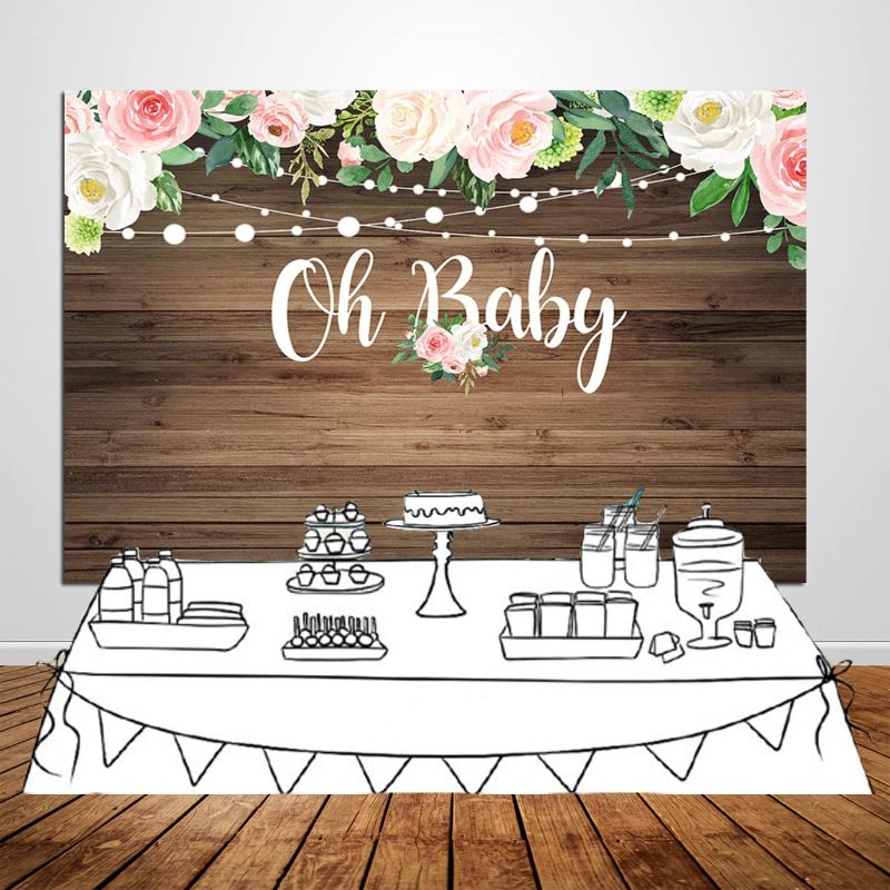 Photo 1 of Baby Shower Party Backdrop Oh Baby Flower Brown Wood Lights Photography Background Cake Table Decoration Supplies Wallpaper Photo Booth W-3923
