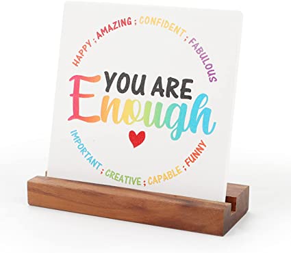 Photo 1 of You are Enough Motivational Desk Decor,(4”x 4“) Rainbow Inspirational Sign with Wood Stand,Desk Decorations for Home Office Decor, Encouragement Gifts for Women Men Friends
