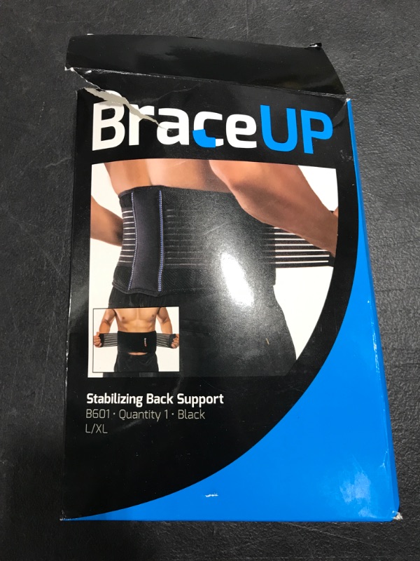 Photo 2 of Back Brace by BraceUP for Men and Women - Breathable Waist Lumbar Lower Back Support Belt for Sciatica, Herniated Disc, Scoliosis Back Pain Relief, Heavy lifting, with Dual Adjustable Straps (L/XL). OPEN BOX. PRIOR USE. 
