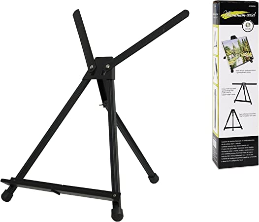 Photo 1 of Aluminum Tabletop Easel, Portable Tripod Display Stand Adjustable Height. LOT OF 2. 
PHOTO FOR REFERENCE. MAY VARY SLIGHTLY. 