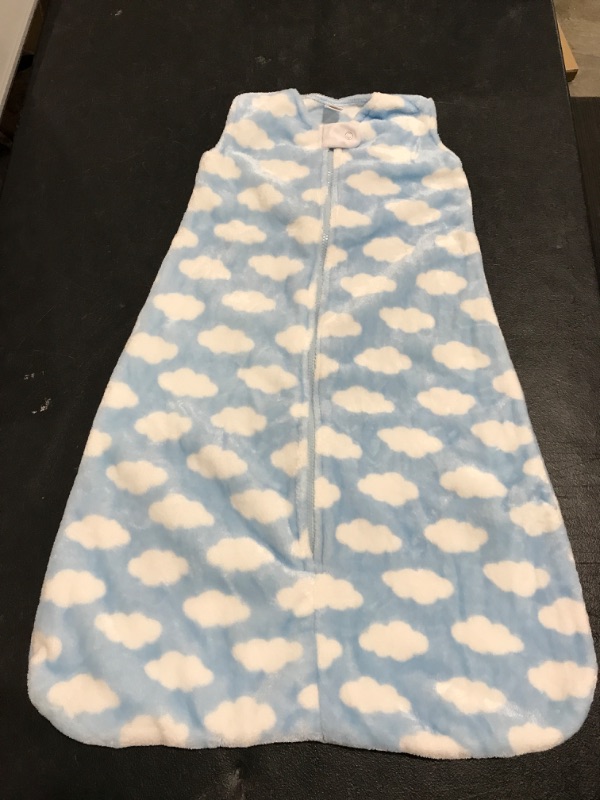 Photo 1 of FLEECE BABY SWADDLING BLANKET WITH ARM HOLES. BLUE W/ WHITE CLOUDS. SIZE 12-18 MONTHS. MISSING PACKAGE, PRIOR USE POSSIBLE. 