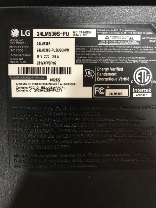 Photo 5 of LG 24LM530S-PU 23.6" Smart LED-LCD TV - HDTV - LED Backlight - YouTube, Amazon Prime - 1366 X 768 Resolution. OPEN BOX. POWERS ON, GOOD WORKING ORDER. PRIOR USE. 
