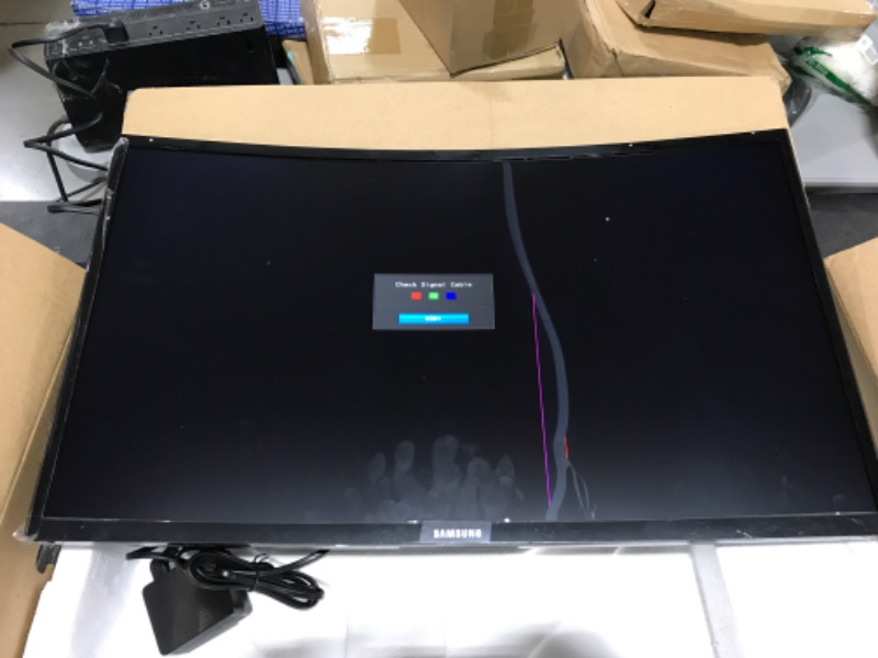 Photo 2 of SAMSUNG 27-Inch CF39 Series FHD 1080p Curved Computer Monitor, Ultra Slim Design, AMD FreeSync, 4ms response, HDMI, DisplayPort, VESA Compatible, Wide Viewing Angle (LC27F398FWNXZA), Black. OPEN BOX. PRIOR USE. SCREEN DAMAGE. POWERS ON. MISSING REMOTE CON