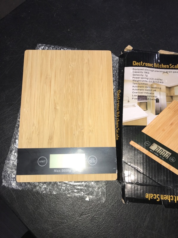 Photo 2 of YRY Digital Kitchen Scale with LCD Display, Tare Function, 11 lbs. Capacity, 0.1 oz. Precise Graduation, ML Unit for Liquids - Food Scale for Cooking and Baking (Batteries Included) (Yellow Bamboo) (unable to test need battery's )
