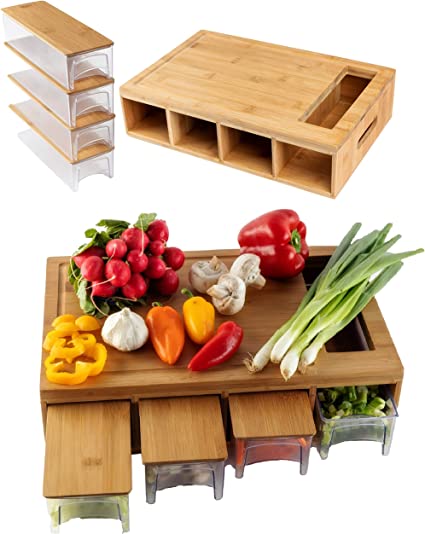 Photo 2 of 
BAMBOO LAND Large bamboo cutting board with 4 trays/drawers/container and bamboo lids, Chopping board with juice grooves, handles & food sliding opening, cutting board For easy food prep and cleanup
