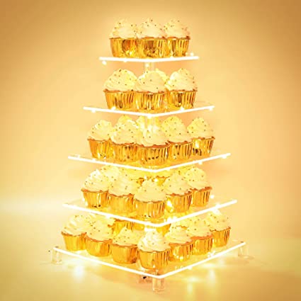 Photo 1 of 5 Tiers Cupcake Display Stand with Gold Led String Lights, Clear Acrylic Cup Cake Holder Dessert Pastry Tower for Weddings Baby Showers Birthday Parties Anniversaries Halloween Decorative
