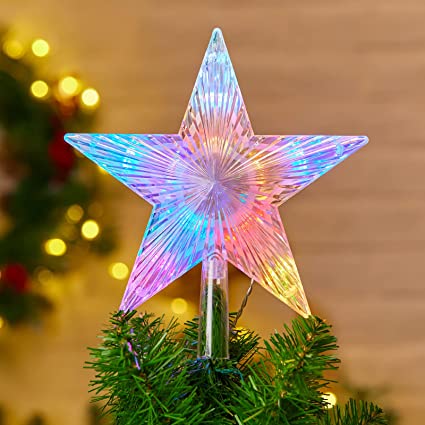 Photo 1 of 8.5” Multicolored LED Christmas Star Tree Topper Battery Operated Acrylic Transparent Star Treetop Built in 10 LED String Lights 3D Star Treetop for Holiday Party Christmas Tree Decorations
