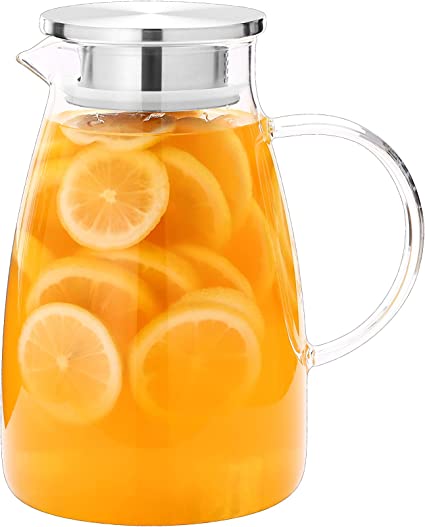 Photo 1 of Apexstone 2 Liter 68 Ounces Glass Water Pitcher with Lid and Handle, Iced Tea Pitcher, Glass Juice Pitcher, Hot/Cold Water Jug, Juice and Iced Tea Beverage Carafe
