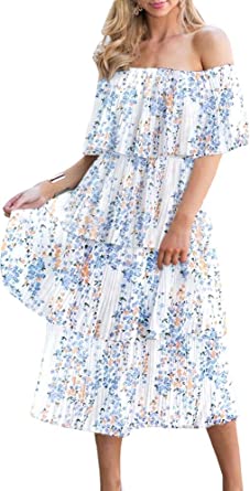 Photo 1 of ETCYY Women's Off The Shoulder Ruffles Summer Loose Casual Chiffon Long Party Beach Maxi Dress
