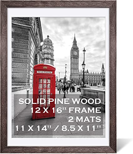 Photo 1 of 12x16 Rustic Picture Frames Solid Wood Display Pictures 11x14 or 8.5x11 Diplomas with Mat or 12x16 without Mat, Farmhouse Distressed Brown Wooden Picture Frame for Wall Mounting or Table Top Display
