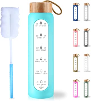 Photo 1 of AQULEA 32 Oz Borosilicate Glass Water Bottle with Times to Drink - Wide Mouth BPA Free Glass Motivational Water Bottles with Silicone Sleeve, Bamboo Lid, Fruit Infuser, and Brush
