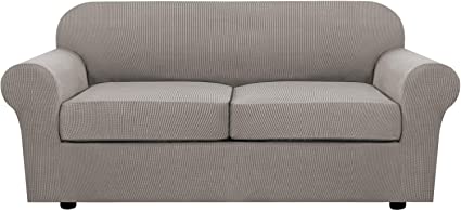 Photo 1 of 3 Piece Stretch Sofa Covers for 2 Cushion Sofa Couch Covers for Living Room Sofa Slipcovers Furniture Cover (Base Cover Plus 2 Seat Cushion Covers) Thicker Jacquard Fabric(Large Sofa, Taupe)

