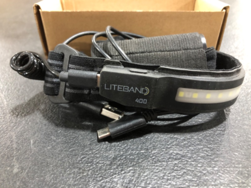 Photo 2 of Liteband ACTIV 400 Wide-Beam LED Headlamp - 210° Illumination, 400 Lumens, Lightweight, Weatherproof, Rechargeable, USB-C, Red LED Mode - Camping, Running, Hiking, Fits Hard Hats, LBA400-L18N, Night. PRIOR USE. 
