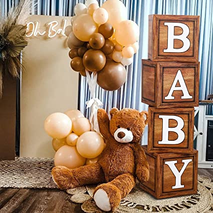 Photo 1 of Baby Shower Boxes for Birthday Party Decorations - 4 Wood Grain Brown Blocks with BABY Letter, Printed Letters,First Birthday Centerpiece Decor, Teddy Bear Baby Shower Supplies, Gender Reveal Backdrop
