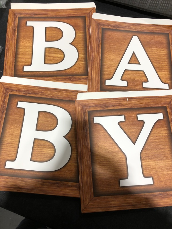 Photo 3 of Baby Shower Boxes for Birthday Party Decorations - 4 Wood Grain Brown Blocks with BABY Letter, Printed Letters,First Birthday Centerpiece Decor, Teddy Bear Baby Shower Supplies, Gender Reveal Backdrop
