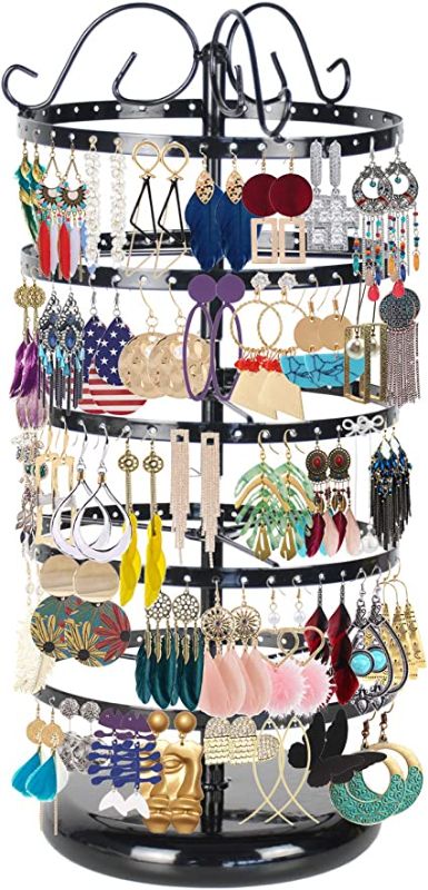 Photo 1 of 5 Tiers Jewelry Organizer Hanger Stand, AUHOKY 110 Pairs Earring Holder Rack 220 Holes Necklace Metal Stand Display Hanging Towers - Rotatable & Adjustable (Black) (missing the pole)
