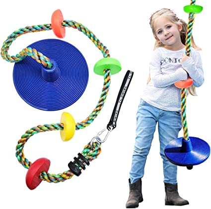 Photo 1 of DUENEW Climbing Rope Tree Swing with Multicolor Platforms and Blue Disc Swings Seat Set Outdoor Backyard Playground Playset Accessories for Kids
